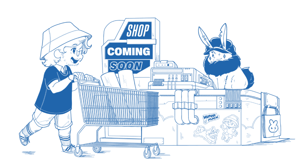 Dakotah pushing a shopping trolley and her rabbit, Lagune, standing behind the cash register.